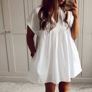ZARA White V-Neck Short Sleeve Babydoll Dress Size XS NWT
